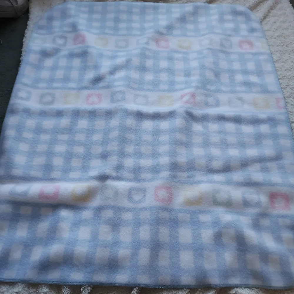 Checked Hearts Stars Baby Blanket Soft Blue Snuggly Cozy 34x42 Lovey Crib Size
